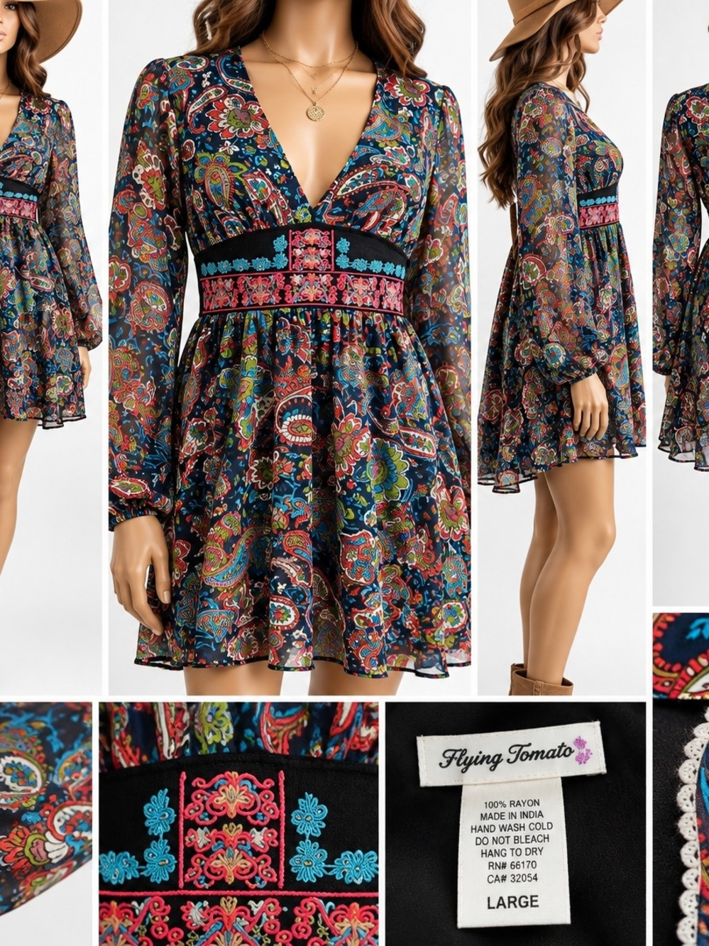 Flying Tomato Large Boho Paisley Mini Dress Embroidered Waist Sheer Sleeve